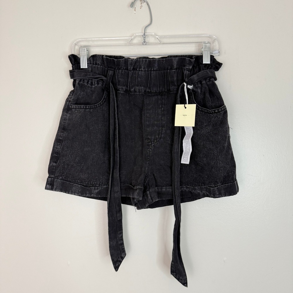 Francesca's TGLA Denim Shorts Womens XS Black Paperbag Waist Belted Grunge